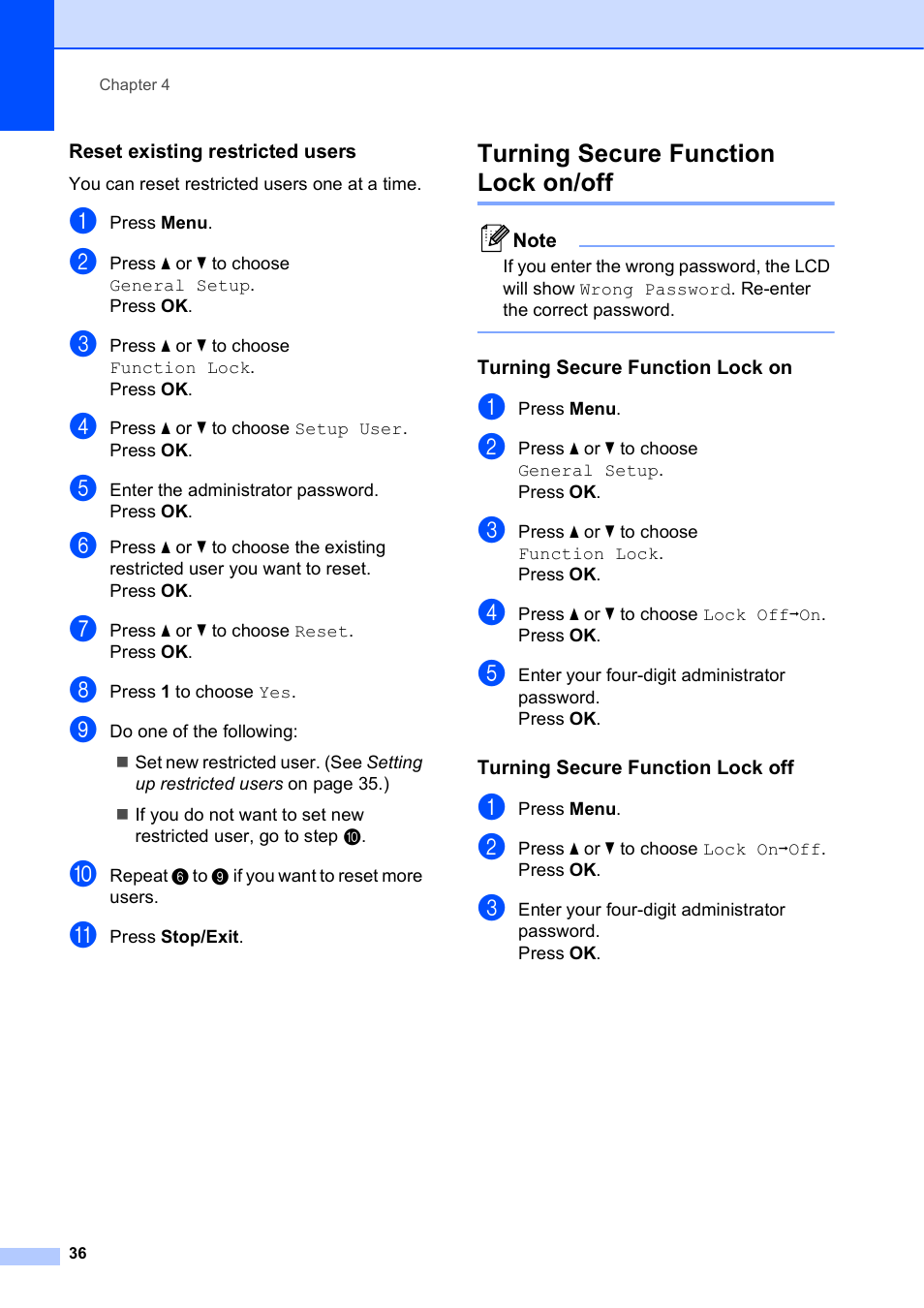 Reset existing restricted users, Turning secure function lock on/off, Turning secure function lock on | Turning secure function lock off | Brother MFC-5895CW User Manual | Page 52 / 247