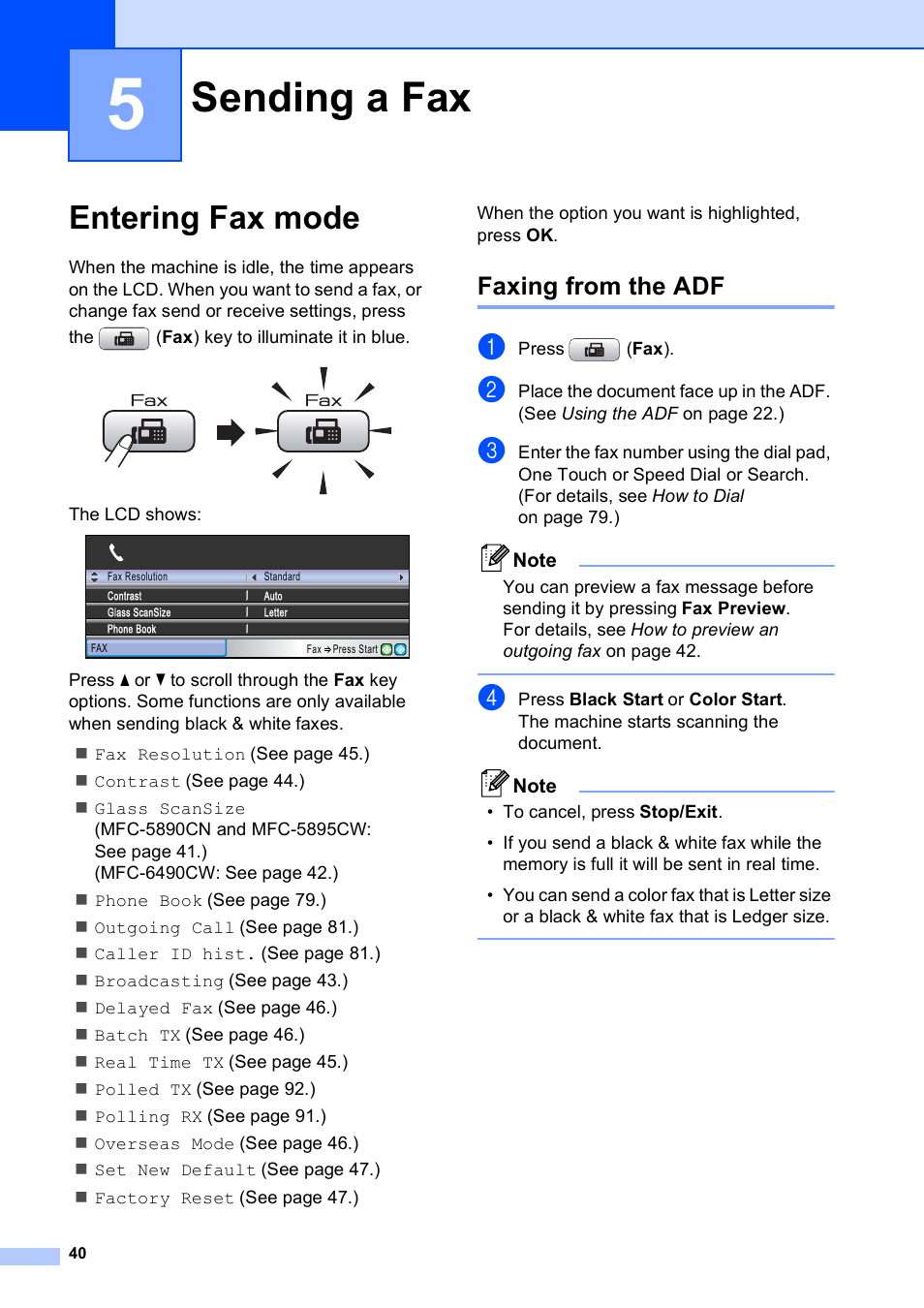 5 sending a fax, Entering fax mode, Faxing from the adf | Sending a fax | Brother MFC-5895CW User Manual | Page 56 / 247