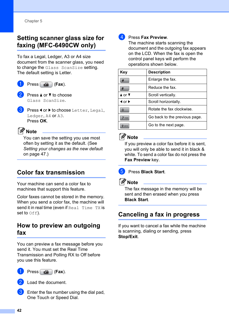 Color fax transmission, How to preview an outgoing fax, Canceling a fax in progress | Brother MFC-5895CW User Manual | Page 58 / 247