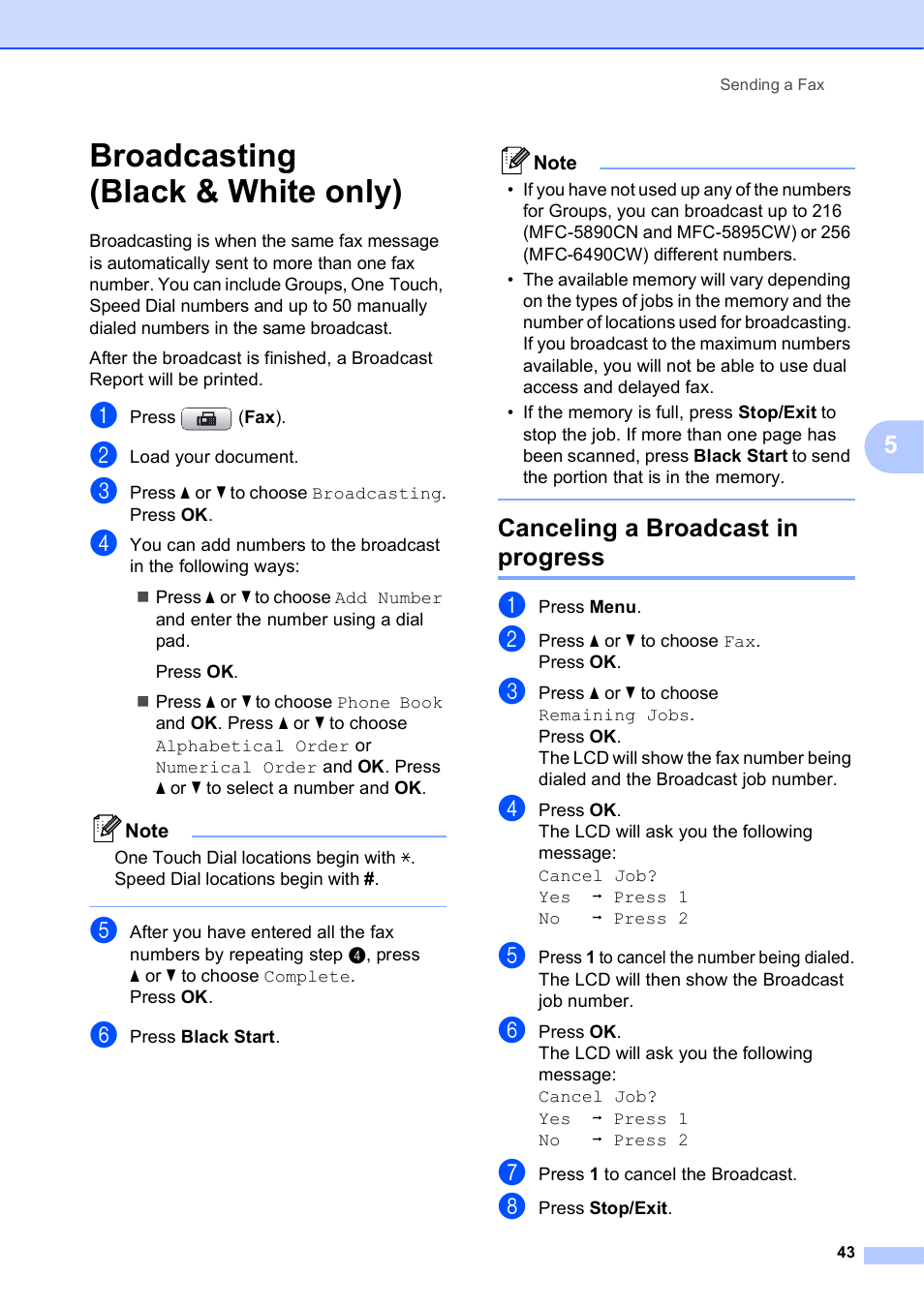 Broadcasting (black & white only), Canceling a broadcast in progress | Brother MFC-5895CW User Manual | Page 59 / 247