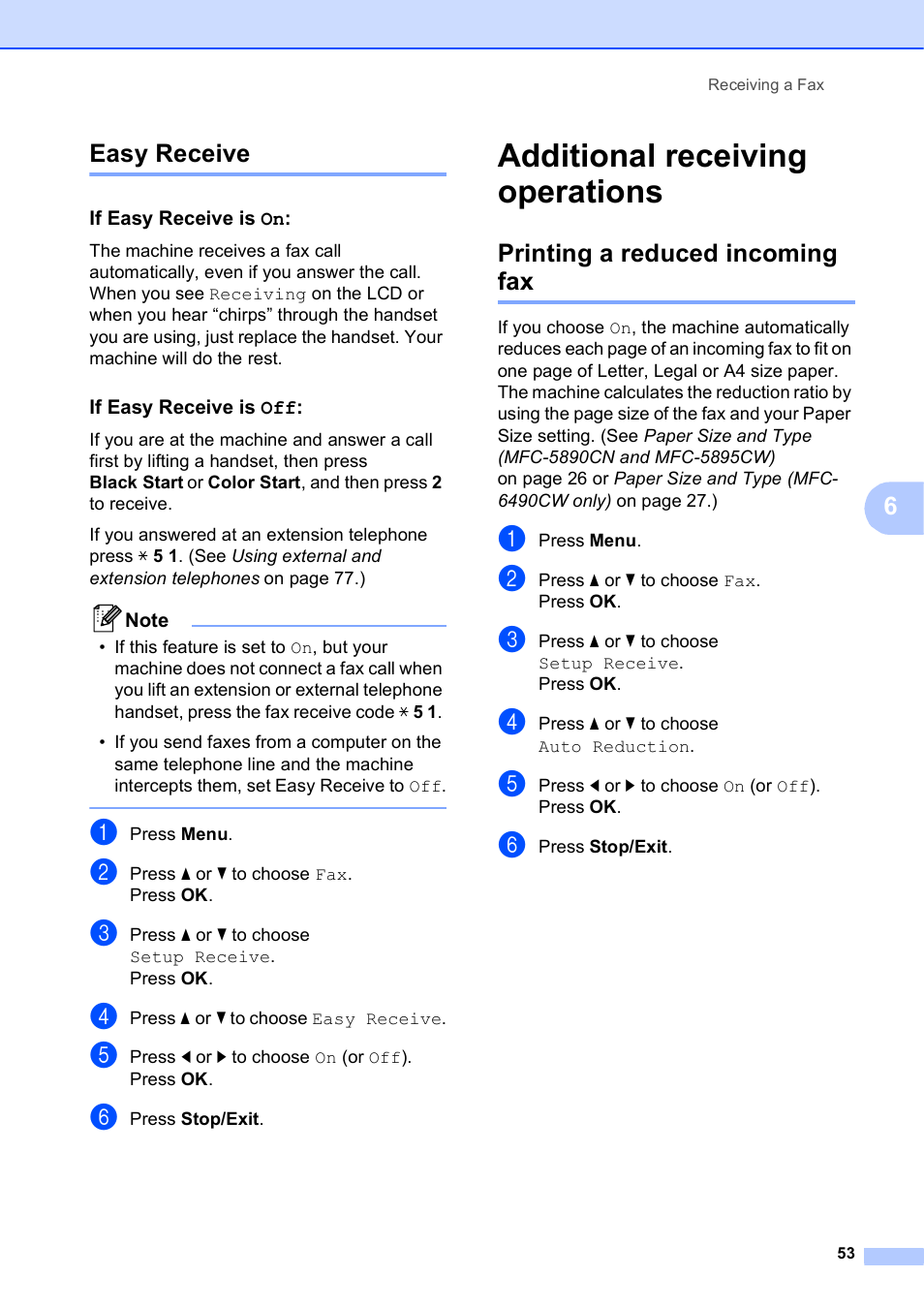 Easy receive, If easy receive is on, If easy receive is off | Additional receiving operations, Printing a reduced incoming fax, 6easy receive | Brother MFC-5895CW User Manual | Page 69 / 247