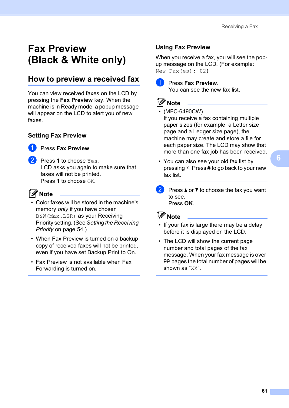 Fax preview (black & white only), How to preview a received fax, Setting fax preview | Using fax preview | Brother MFC-5895CW User Manual | Page 77 / 247