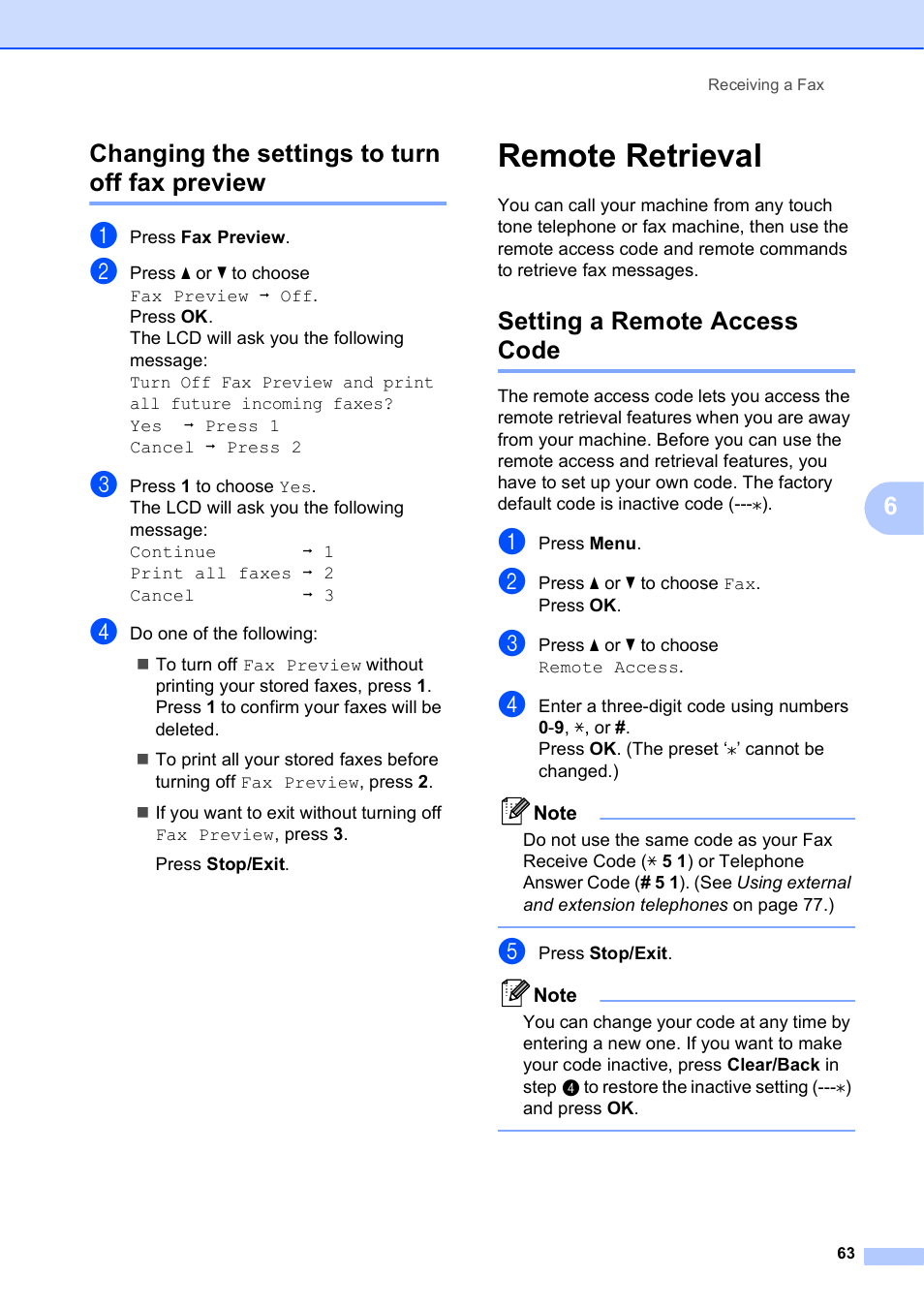 Changing the settings to turn off fax preview, Remote retrieval, Setting a remote access code | 6changing the settings to turn off fax preview | Brother MFC-5895CW User Manual | Page 79 / 247