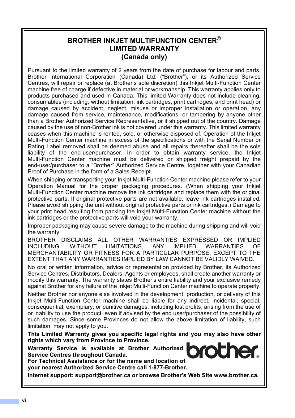 Brother inkjet multifunction center, Limited warranty (canada only) | Brother MFC-5895CW User Manual | Page 8 / 247