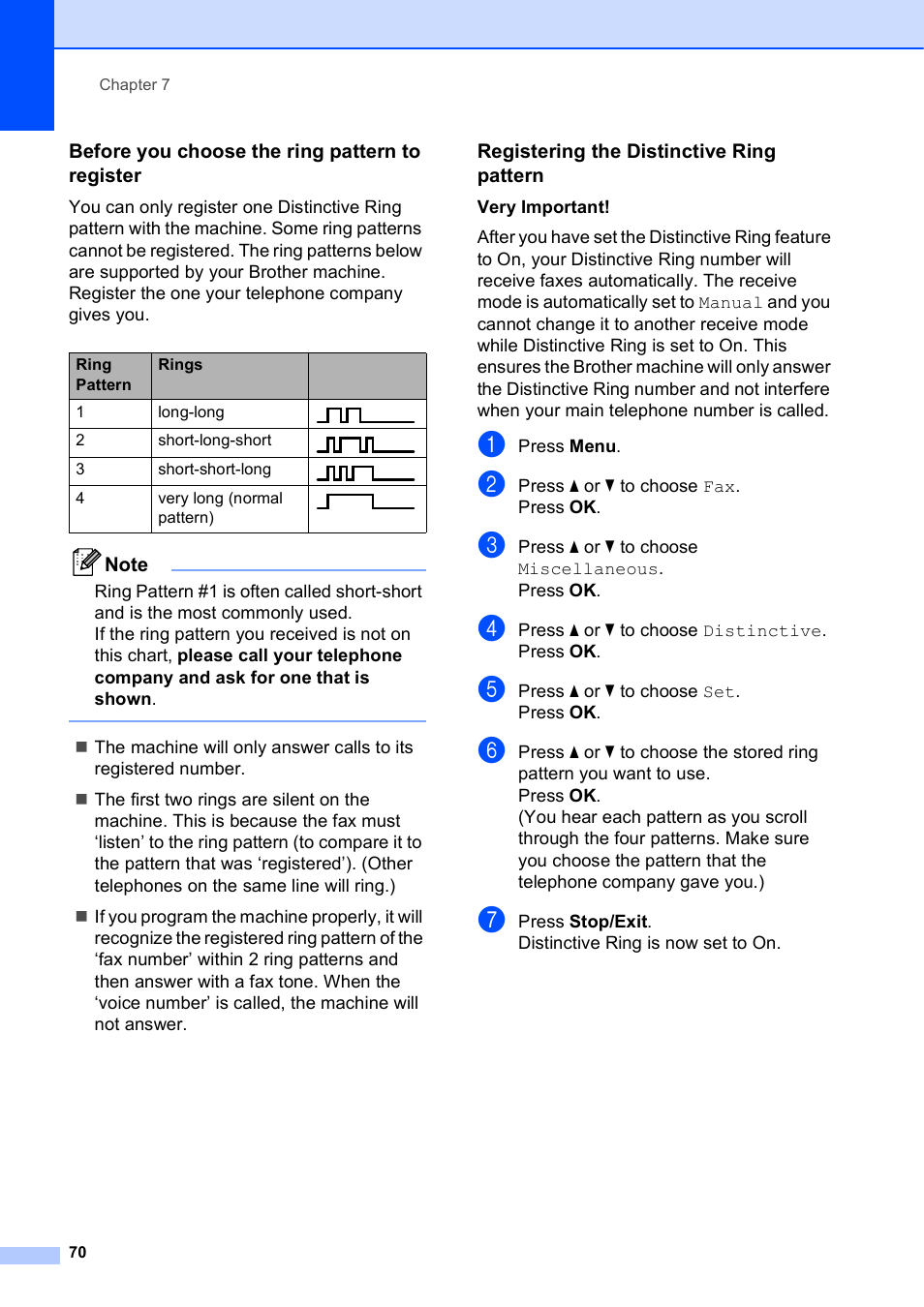 Before you choose the ring pattern to register, Registering the distinctive ring pattern | Brother MFC-5895CW User Manual | Page 86 / 247