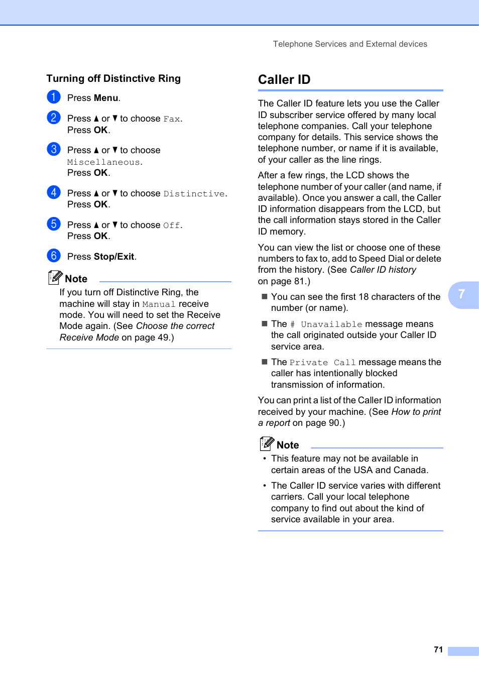 Turning off distinctive ring, Caller id | Brother MFC-5895CW User Manual | Page 87 / 247