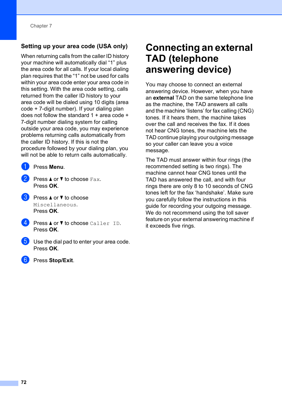 Setting up your area code (usa only) | Brother MFC-5895CW User Manual | Page 88 / 247