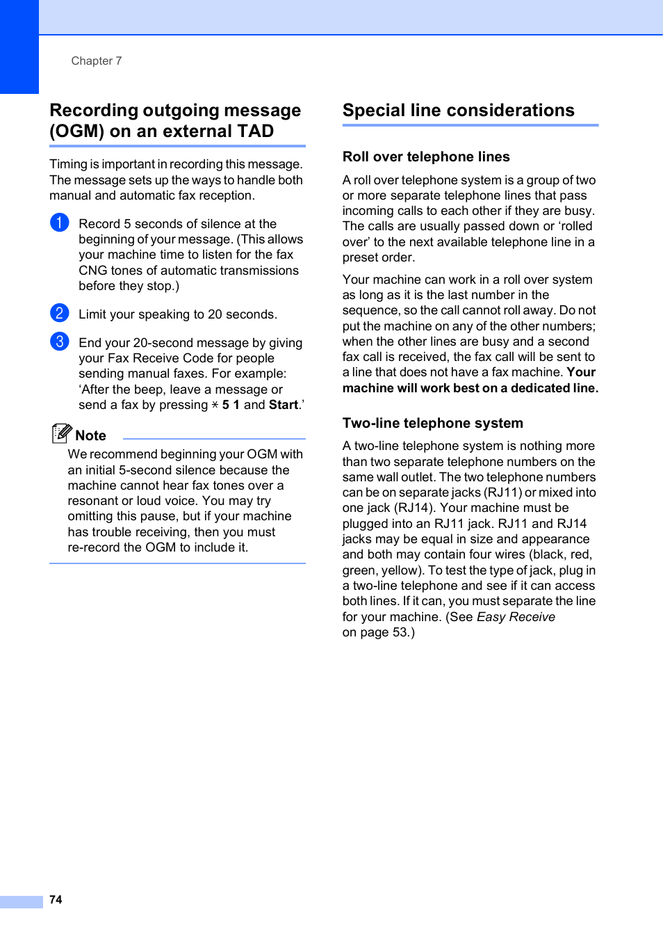 Special line considerations, Roll over telephone lines, Two-line telephone system | Brother MFC-5895CW User Manual | Page 90 / 247