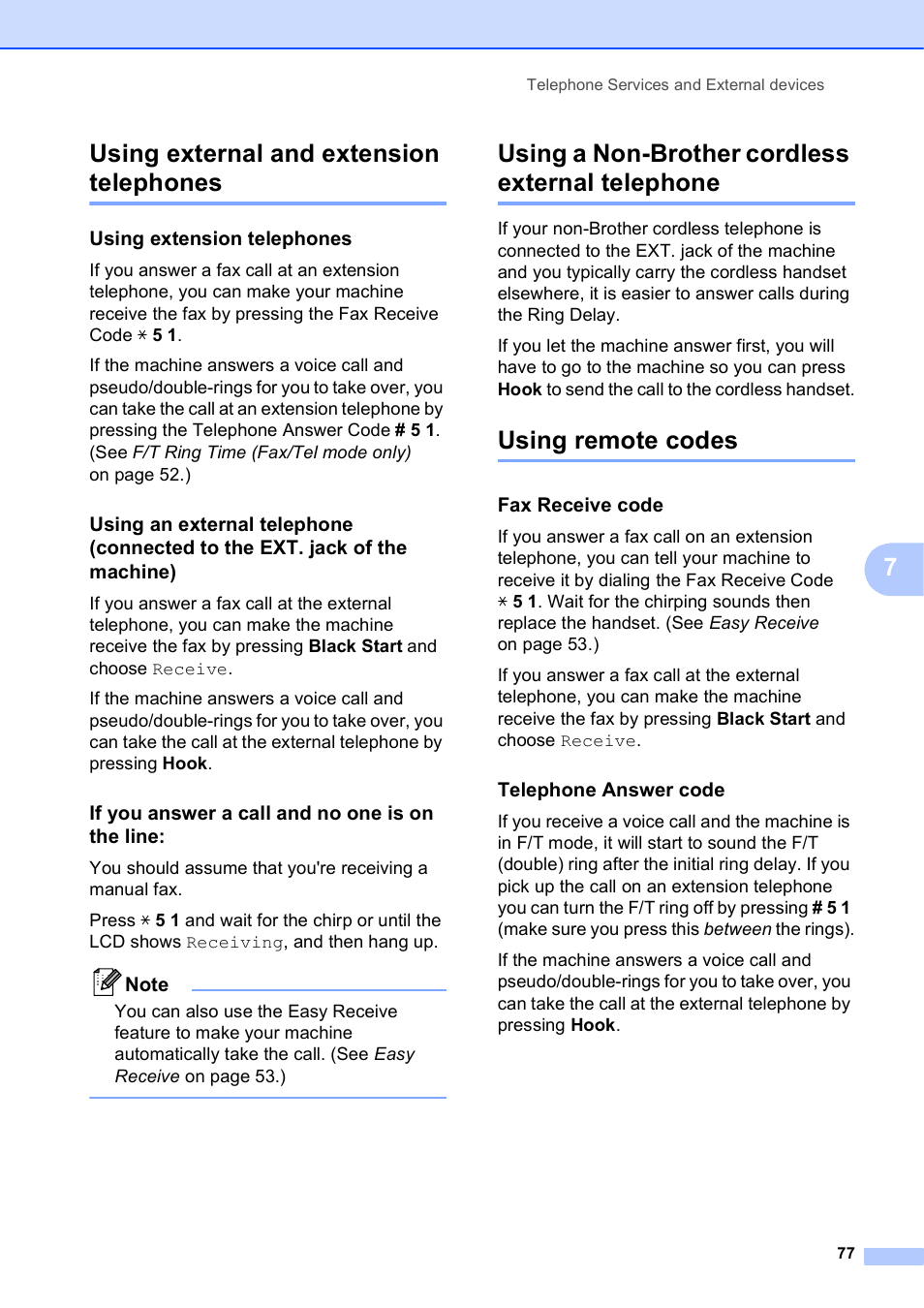 Using external and extension telephones, Using extension telephones, If you answer a call and no one is on the line | Using a non-brother cordless external telephone, Using remote codes, Fax receive code, Telephone answer code, 7using external and extension telephones | Brother MFC-5895CW User Manual | Page 93 / 247