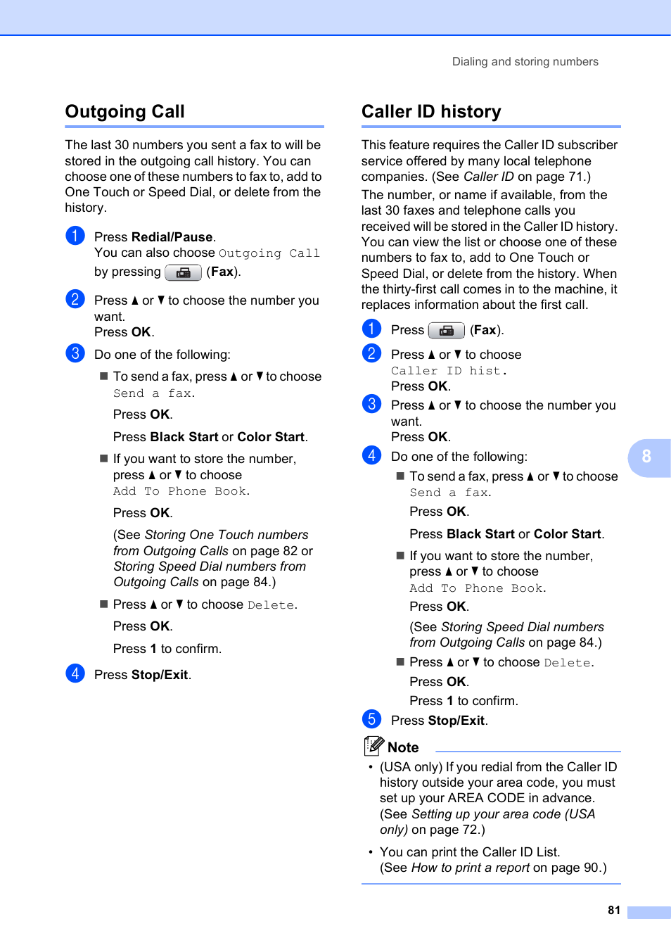 Outgoing call, Caller id history, Outgoing call caller id history | 8outgoing call | Brother MFC-5895CW User Manual | Page 97 / 247