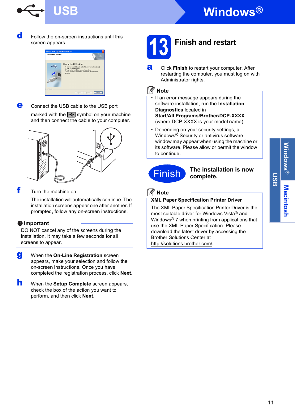 13 finish and restart, Windows, Finish | Finish and restart | Brother DCP-8155DN User Manual | Page 11 / 22