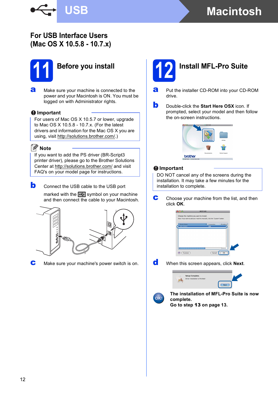 For usb interface users (mac os x 10.5.8 - 10.7.x), 11 before you install, 12 install mfl-pro suite | Macintosh usb | Brother DCP-8155DN User Manual | Page 12 / 22