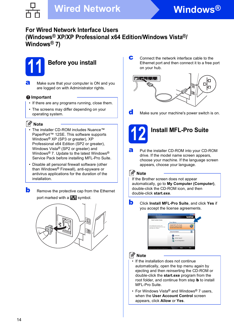 11 before you install, 12 install mfl-pro suite, Windows | Wired network, For wired network interface users (windows, Xp/xp professional x64 edition/windows vista, Before you install, Install mfl-pro suite | Brother DCP-8155DN User Manual | Page 14 / 22