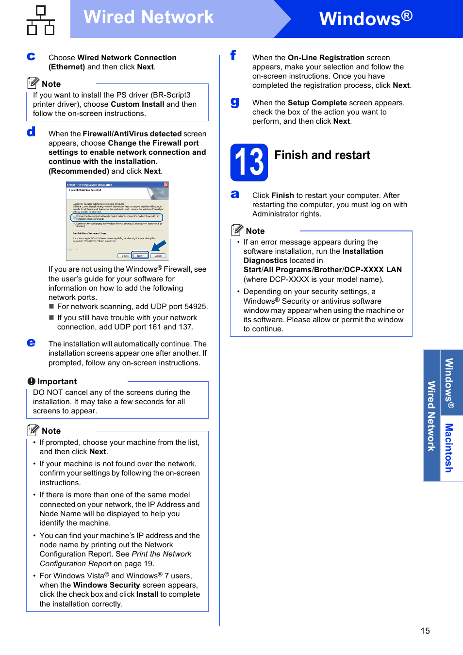13 finish and restart, Windows, Wired network | Finish and restart | Brother DCP-8155DN User Manual | Page 15 / 22