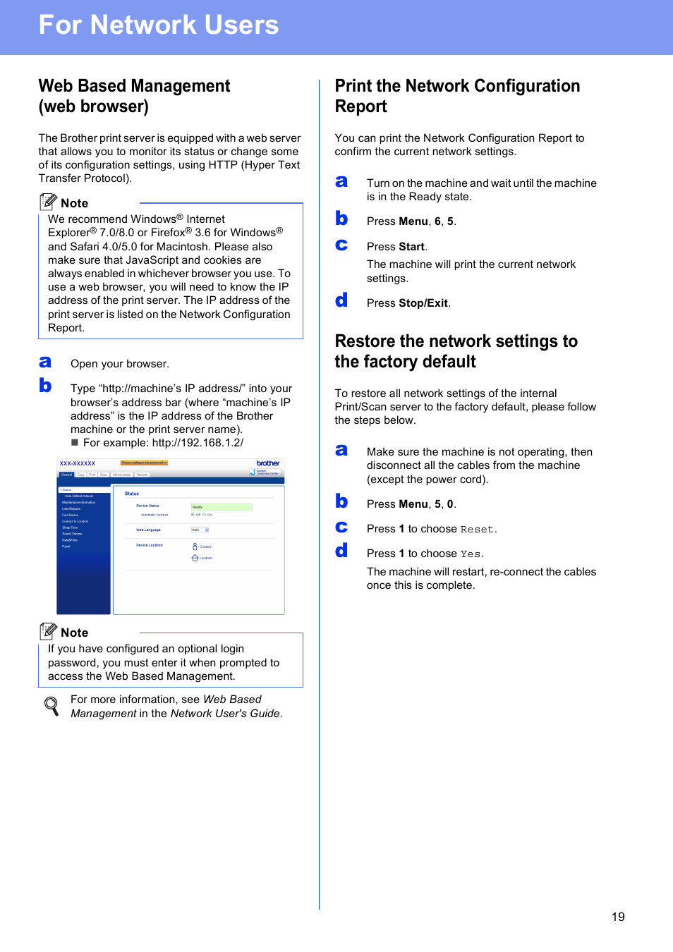 For network users, Web based management (web browser), Print the network configuration report | Brother DCP-8155DN User Manual | Page 19 / 22