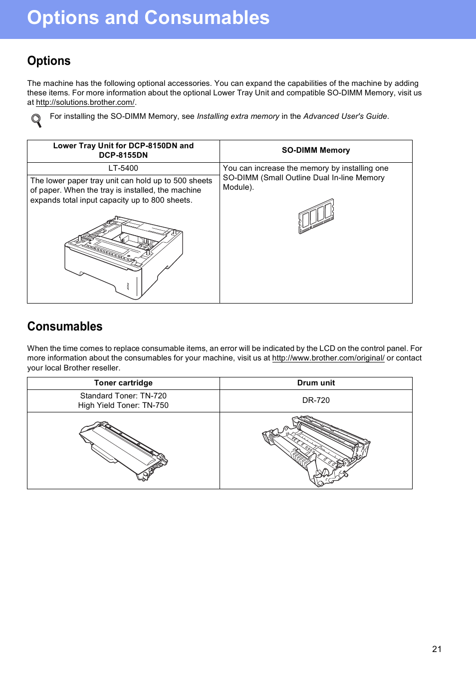 Options and consumables, Options, Consumables | Brother DCP-8155DN User Manual | Page 21 / 22