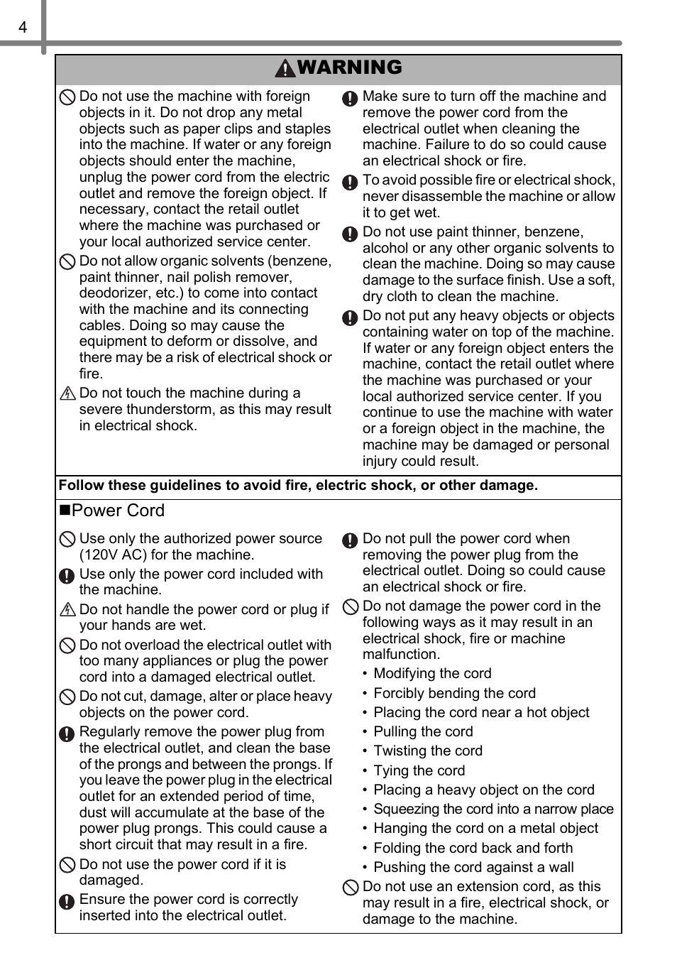 Warning, Power cord | Brother QL-720NW User Manual | Page 12 / 93
