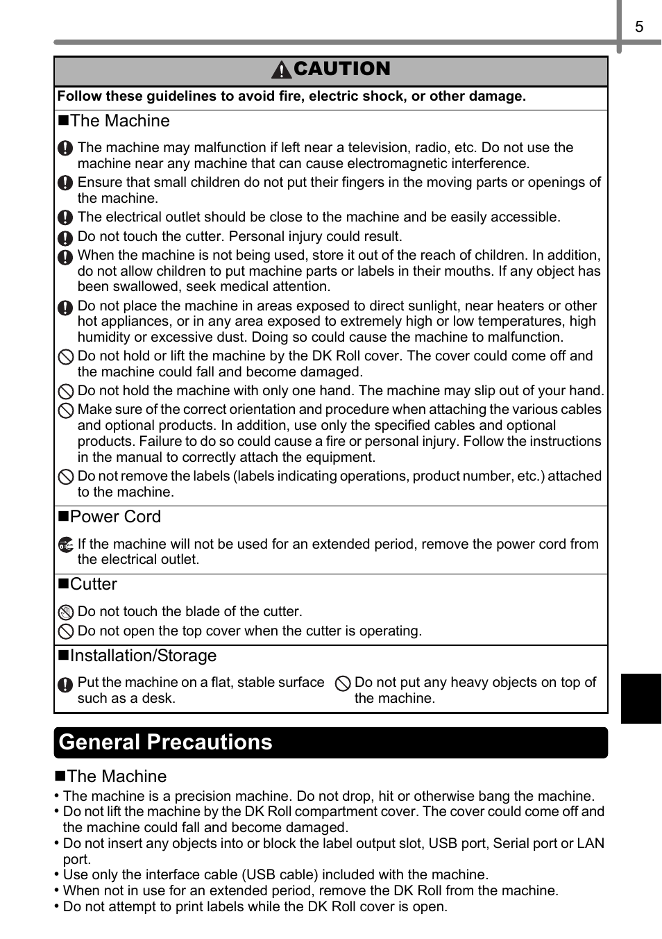 General precautions, Caution | Brother QL-720NW User Manual | Page 13 / 93