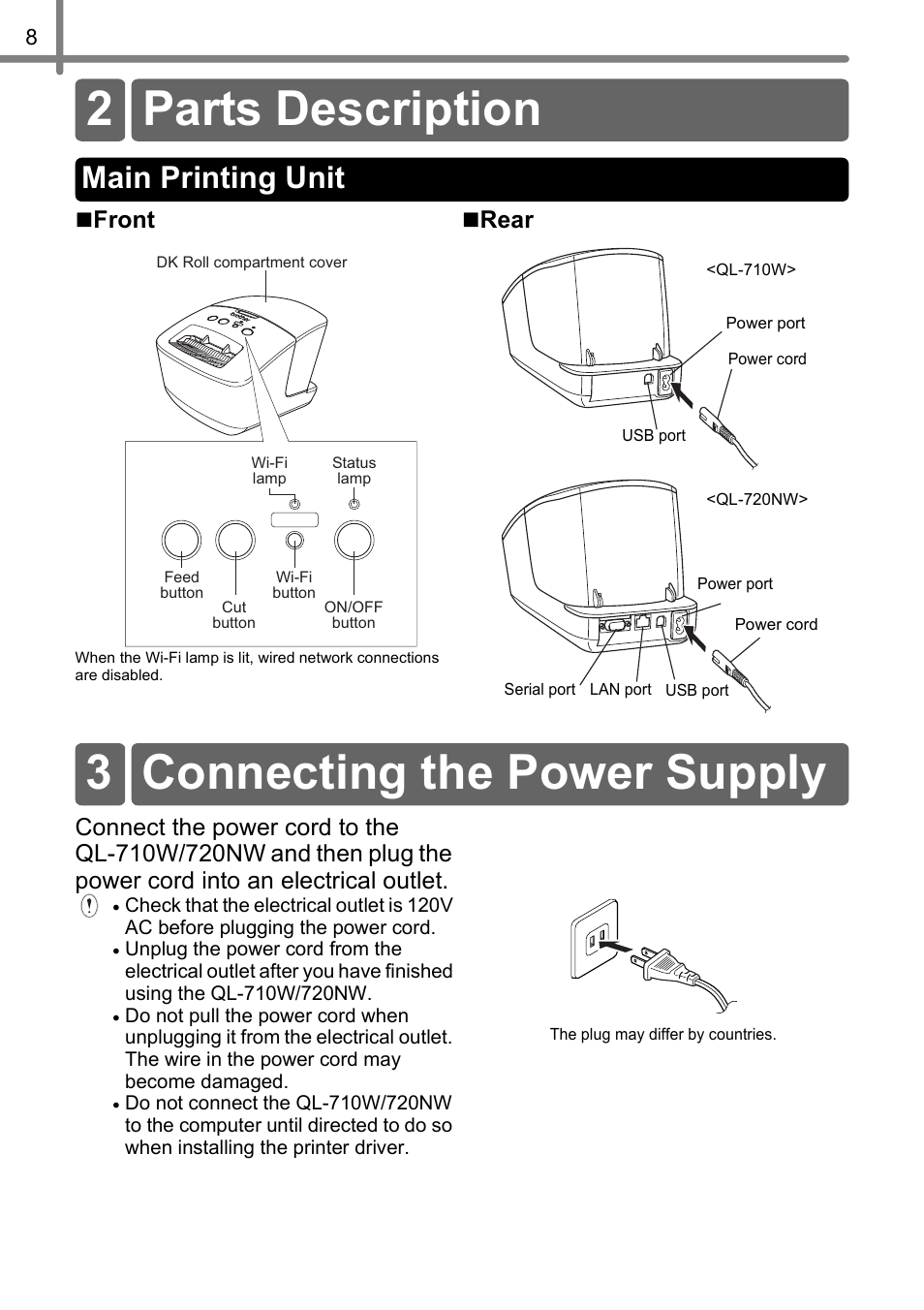 Parts description, Main printing unit, Connecting the power supply | 2 parts description, 3 connecting the power supply, Front  rear | Brother QL-720NW User Manual | Page 16 / 93