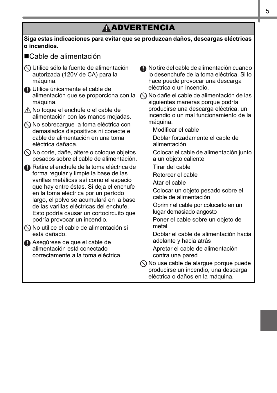 Advertencia, Cable de alimentación | Brother QL-720NW User Manual | Page 57 / 93