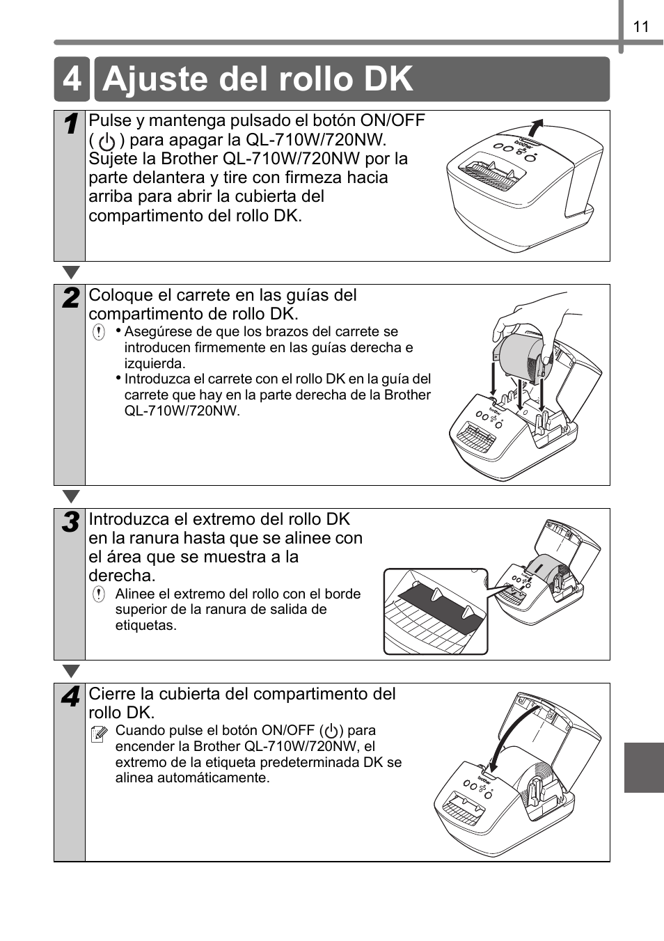 Ajuste del rollo dk, 4 ajuste del rollo dk | Brother QL-720NW User Manual | Page 63 / 93