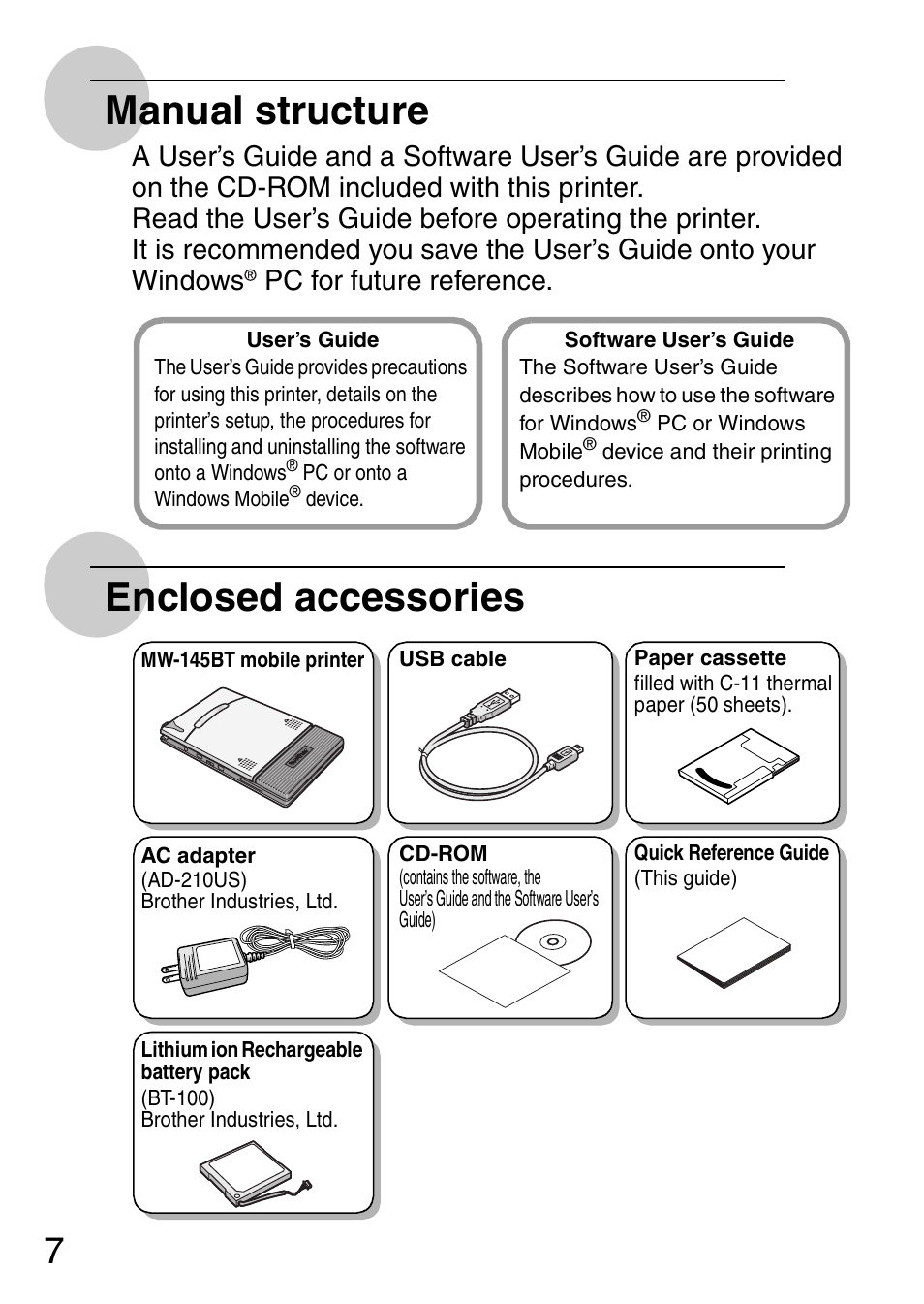 Manual structure, Enclosed accessories | Brother MW-145BT User Manual | Page 8 / 16
