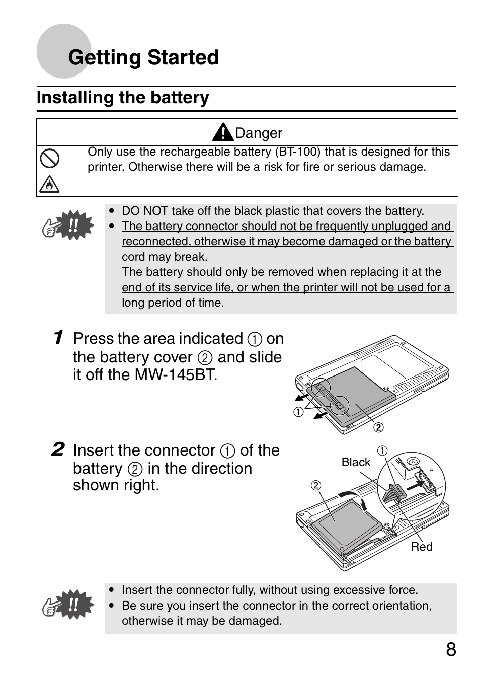 Getting started, Installing the battery | Brother MW-145BT User Manual | Page 9 / 16
