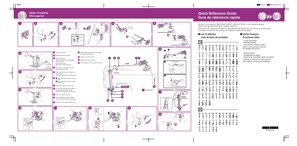 Quick reference guide guía de referencia rápida, List of stitches lista de tipos de puntadas, Useful features funciones útiles | Upper threading hilo superior, Back | Brother XR1300 User Manual | Page 2 / 2