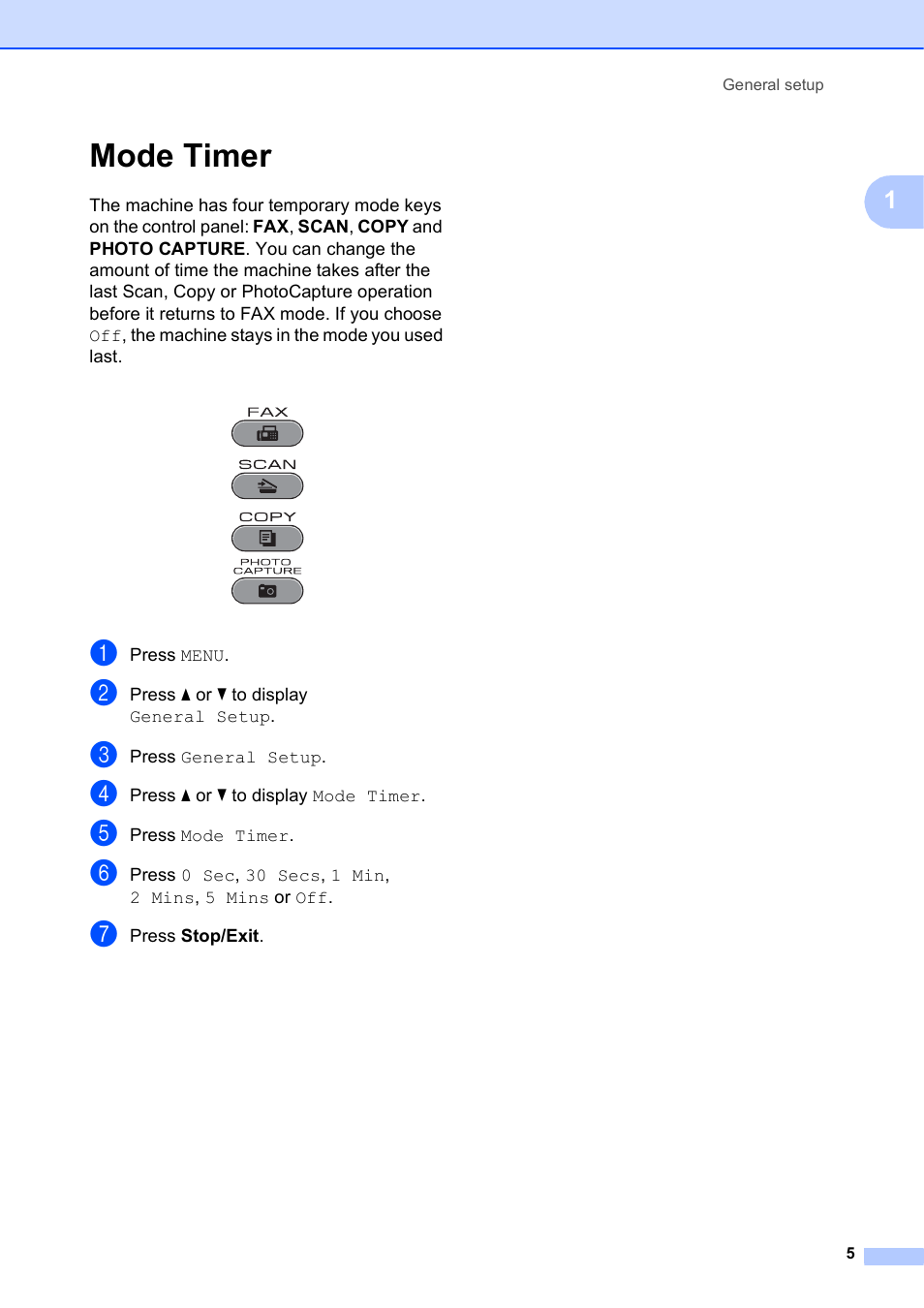 Mode timer | Brother MFC J6910DW User Manual | Page 11 / 91