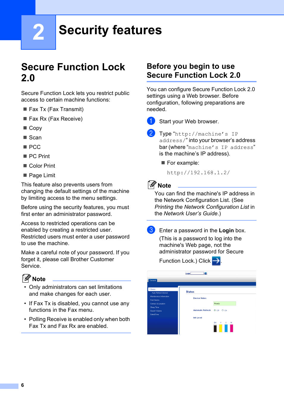 2 security features, Secure function lock 2.0, Before you begin to use secure function lock 2.0 | Security features | Brother MFC J6910DW User Manual | Page 12 / 91
