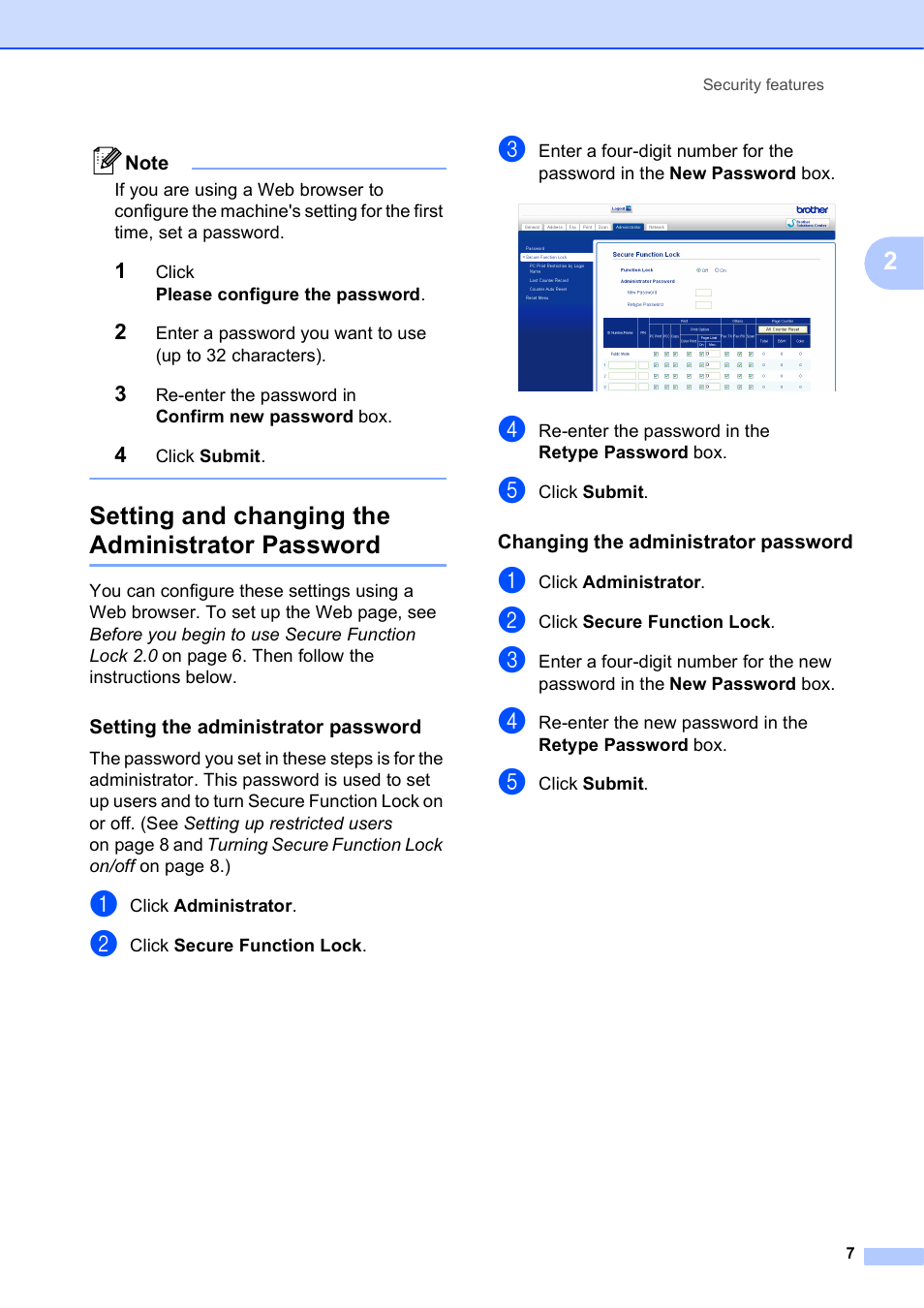 Setting and changing the administrator password, Setting the administrator password, Changing the administrator password | Brother MFC J6910DW User Manual | Page 13 / 91