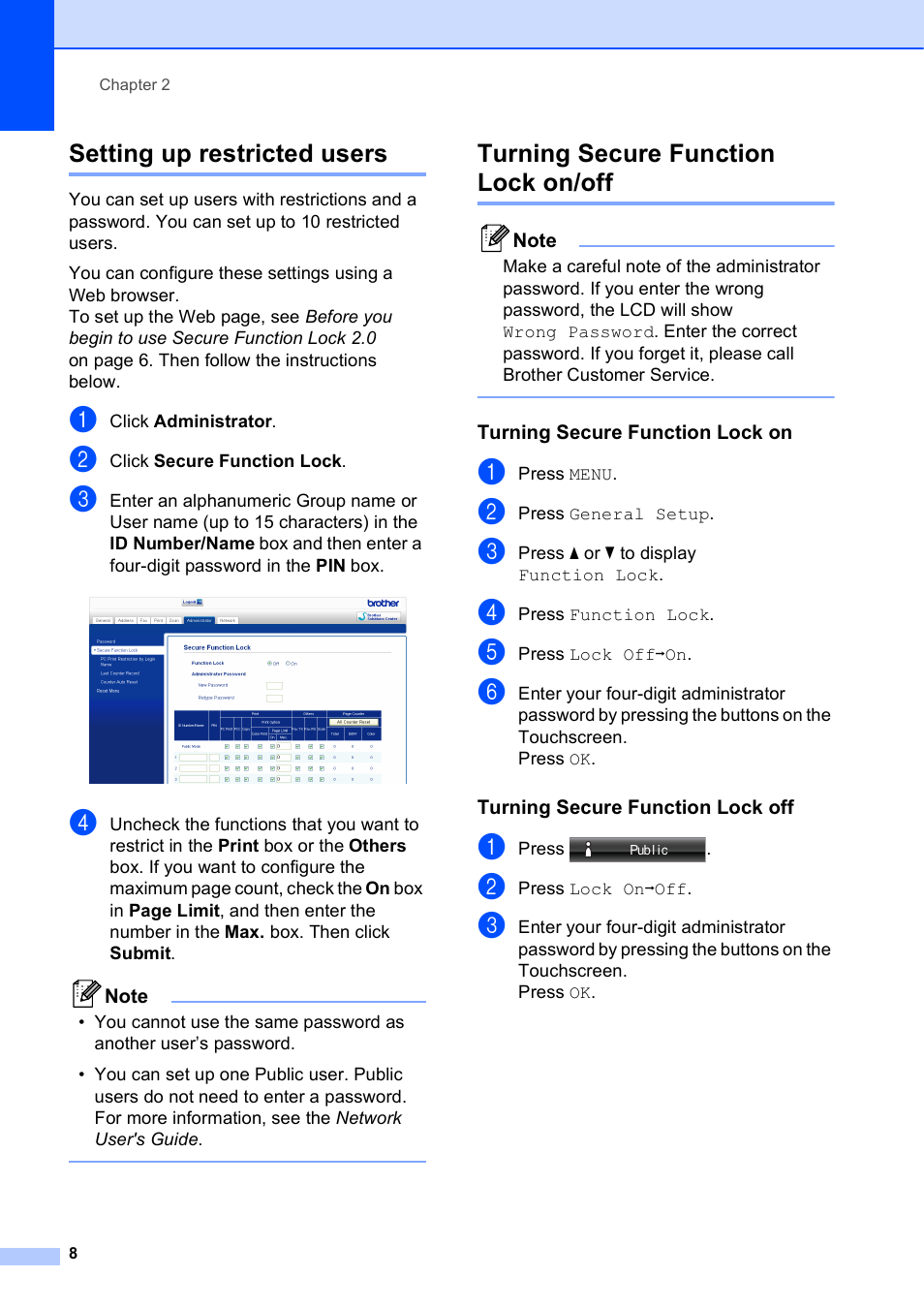 Setting up restricted users, Turning secure function lock on/off, Turning secure function lock on | Turning secure function lock off | Brother MFC J6910DW User Manual | Page 14 / 91