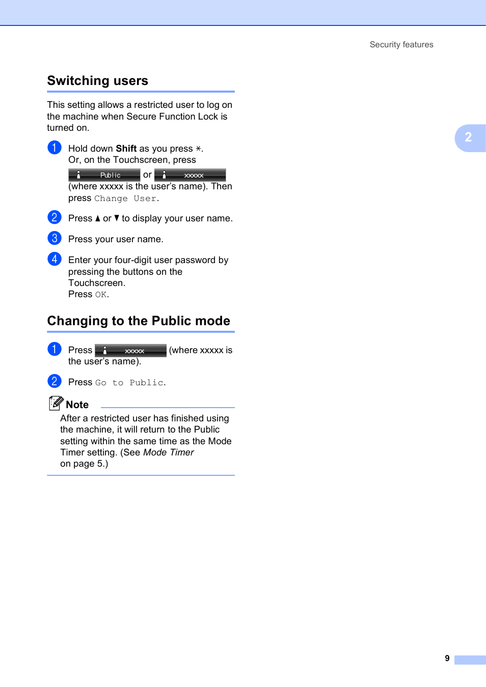 Switching users, Changing to the public mode, Switching users changing to the public mode | 2switching users | Brother MFC J6910DW User Manual | Page 15 / 91