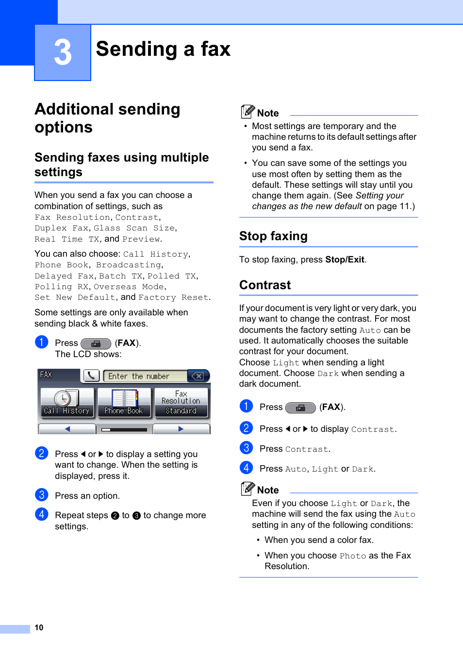 3 sending a fax, Additional sending options, Sending faxes using multiple settings | Stop faxing, Contrast, Sending a fax | Brother MFC J6910DW User Manual | Page 16 / 91
