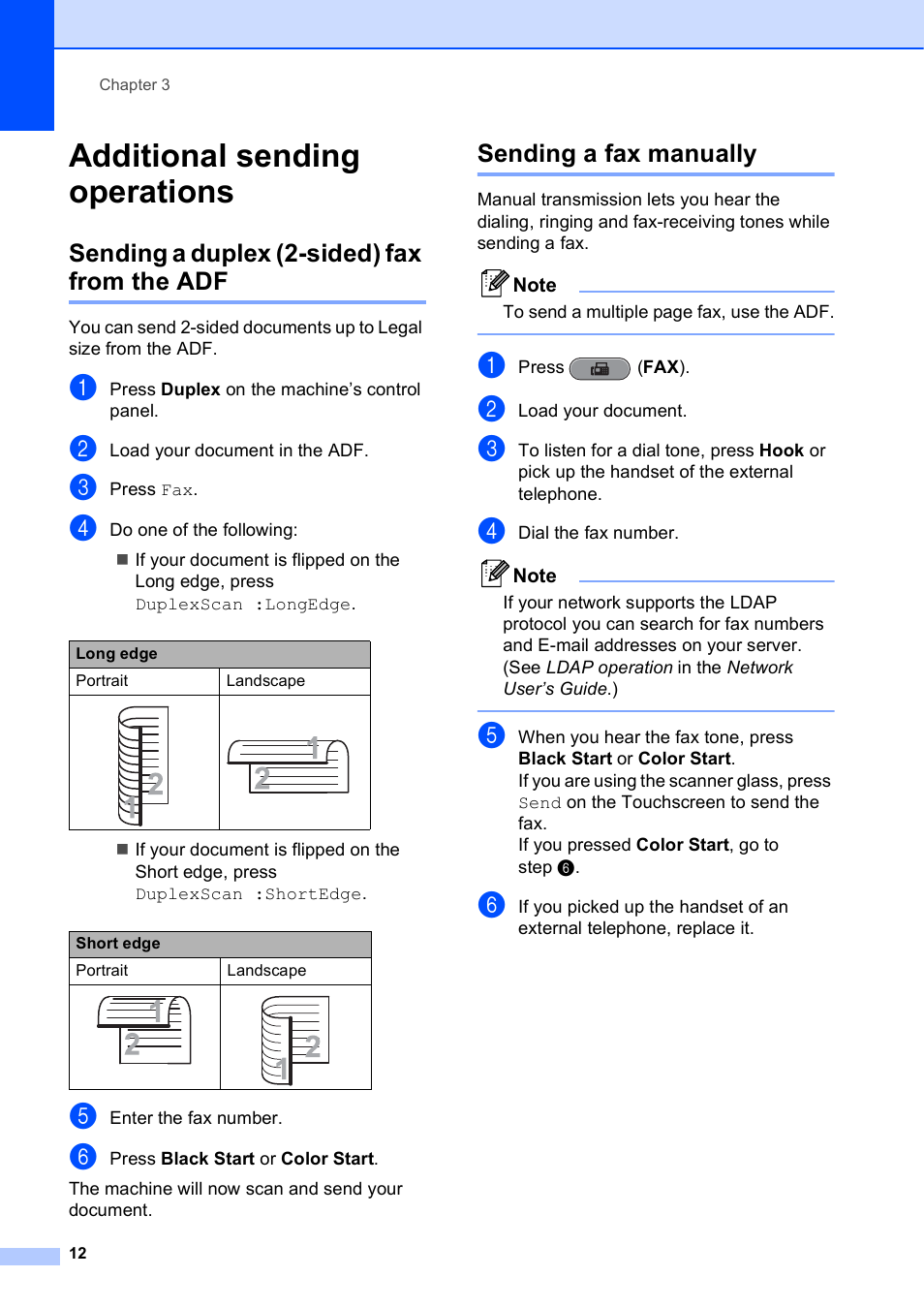 Additional sending operations, Sending a duplex (2-sided) fax from the adf, Sending a fax manually | Brother MFC J6910DW User Manual | Page 18 / 91