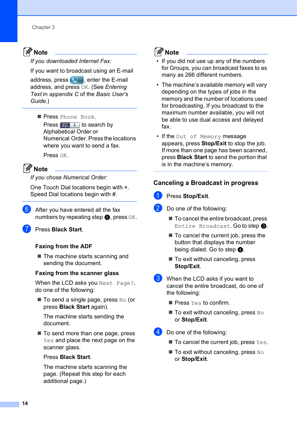 Canceling a broadcast in progress | Brother MFC J6910DW User Manual | Page 20 / 91