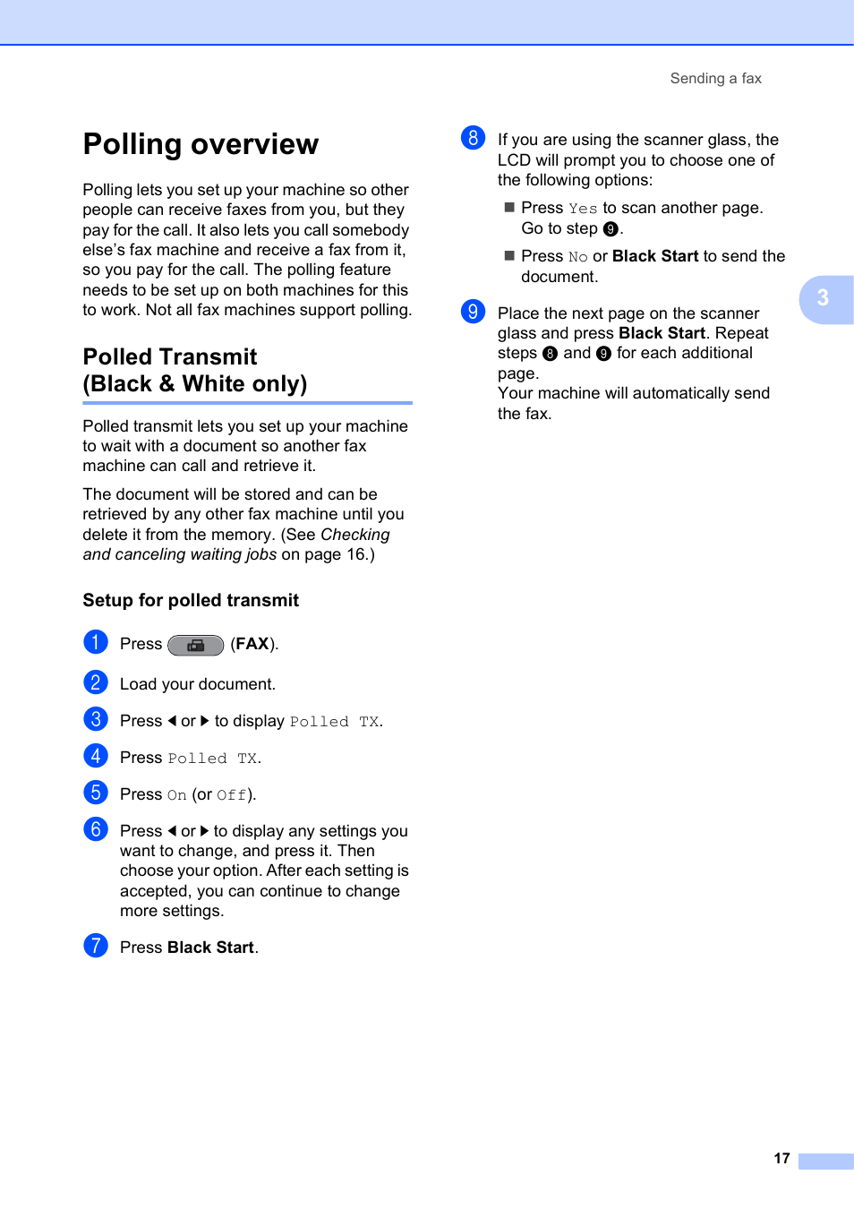Polling overview, Polled transmit (black & white only), Setup for polled transmit | Brother MFC J6910DW User Manual | Page 23 / 91