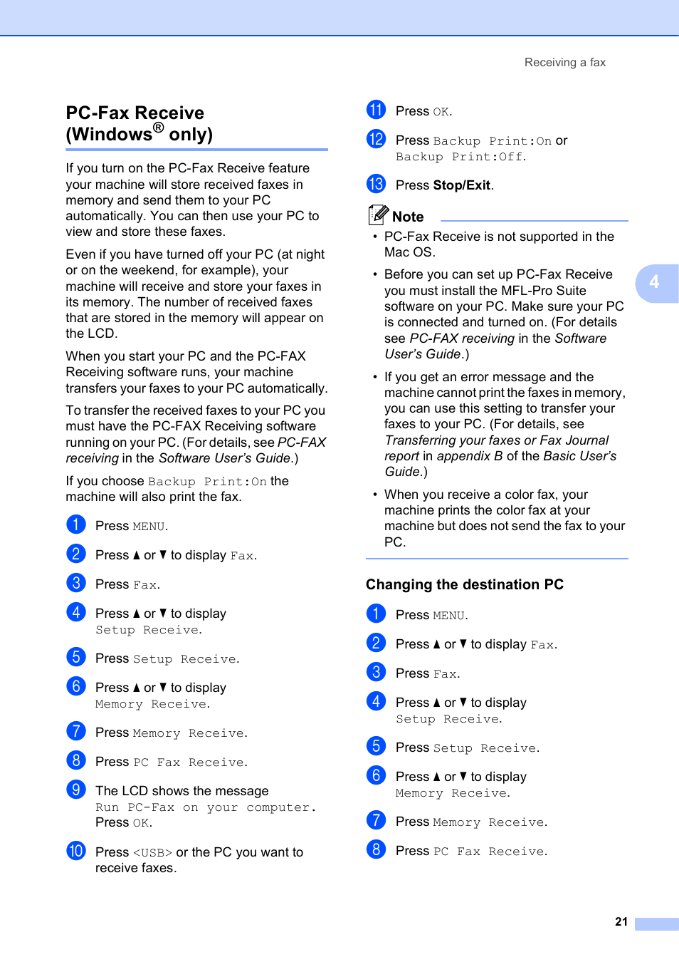 Pc-fax receive (windows® only), Changing the destination pc, Pc-fax receive (windows | Only), 4pc-fax receive (windows | Brother MFC J6910DW User Manual | Page 27 / 91