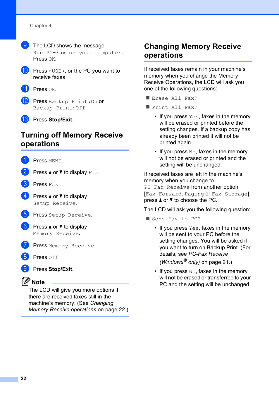 Turning off memory receive operations, Changing memory receive operations | Brother MFC J6910DW User Manual | Page 28 / 91