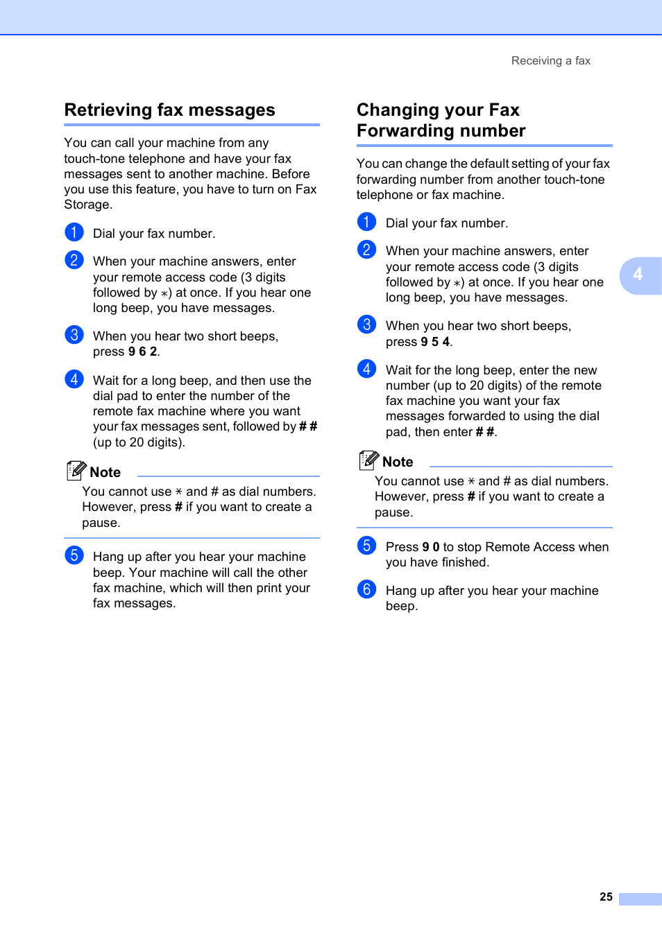 Retrieving fax messages, Changing your fax forwarding number, 4retrieving fax messages | Brother MFC J6910DW User Manual | Page 31 / 91
