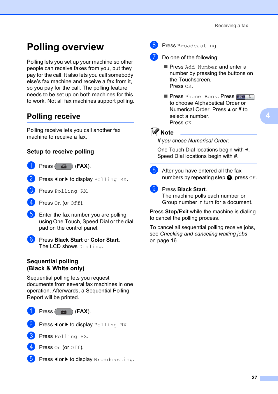 Polling overview, Polling receive, Setup to receive polling | Sequential polling (black & white only) | Brother MFC J6910DW User Manual | Page 33 / 91