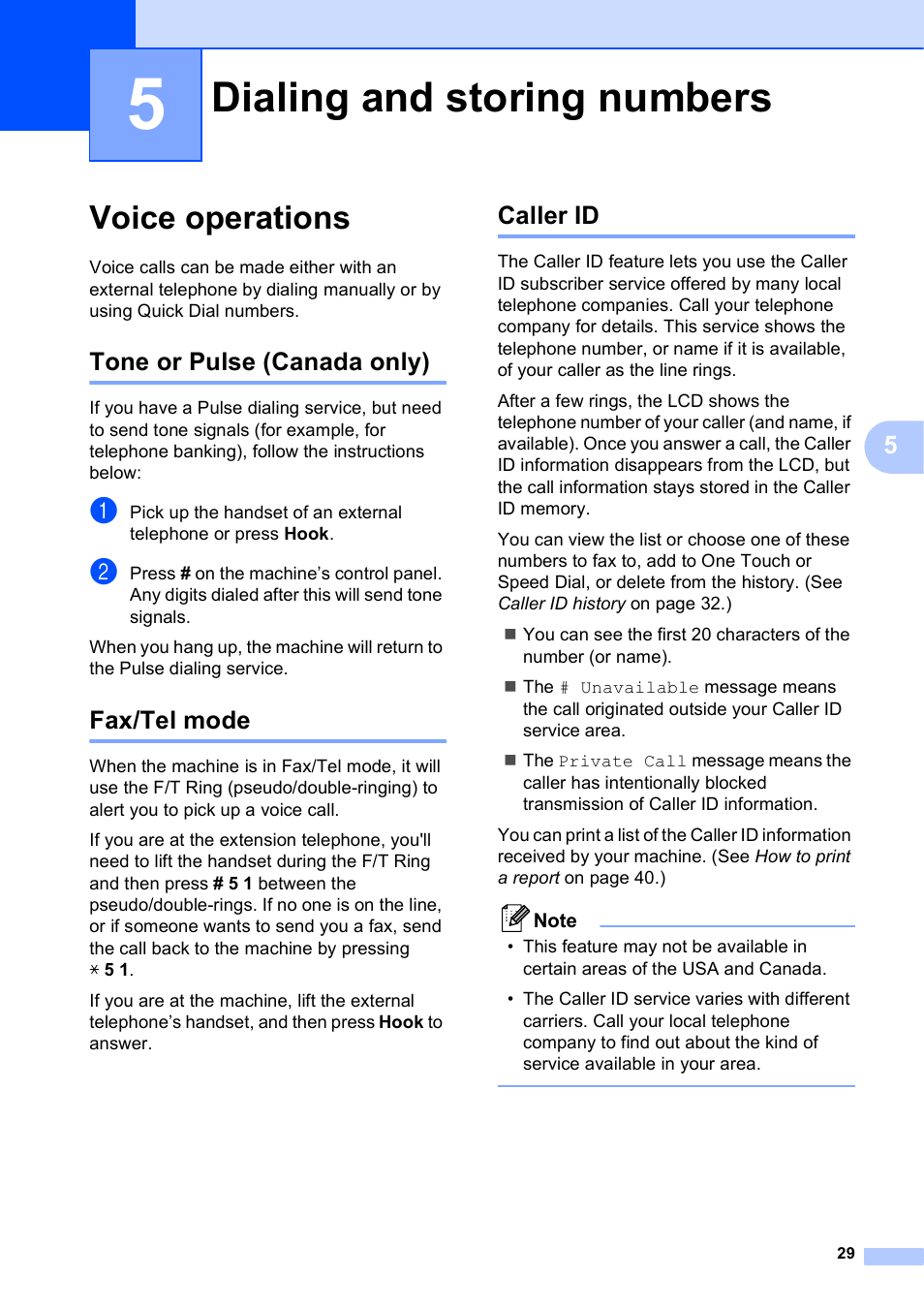 5 dialing and storing numbers, Voice operations, Tone or pulse (canada only) | Fax/tel mode, Caller id, Dialing and storing numbers, Tone or pulse (canada only) fax/tel mode caller id | Brother MFC J6910DW User Manual | Page 35 / 91