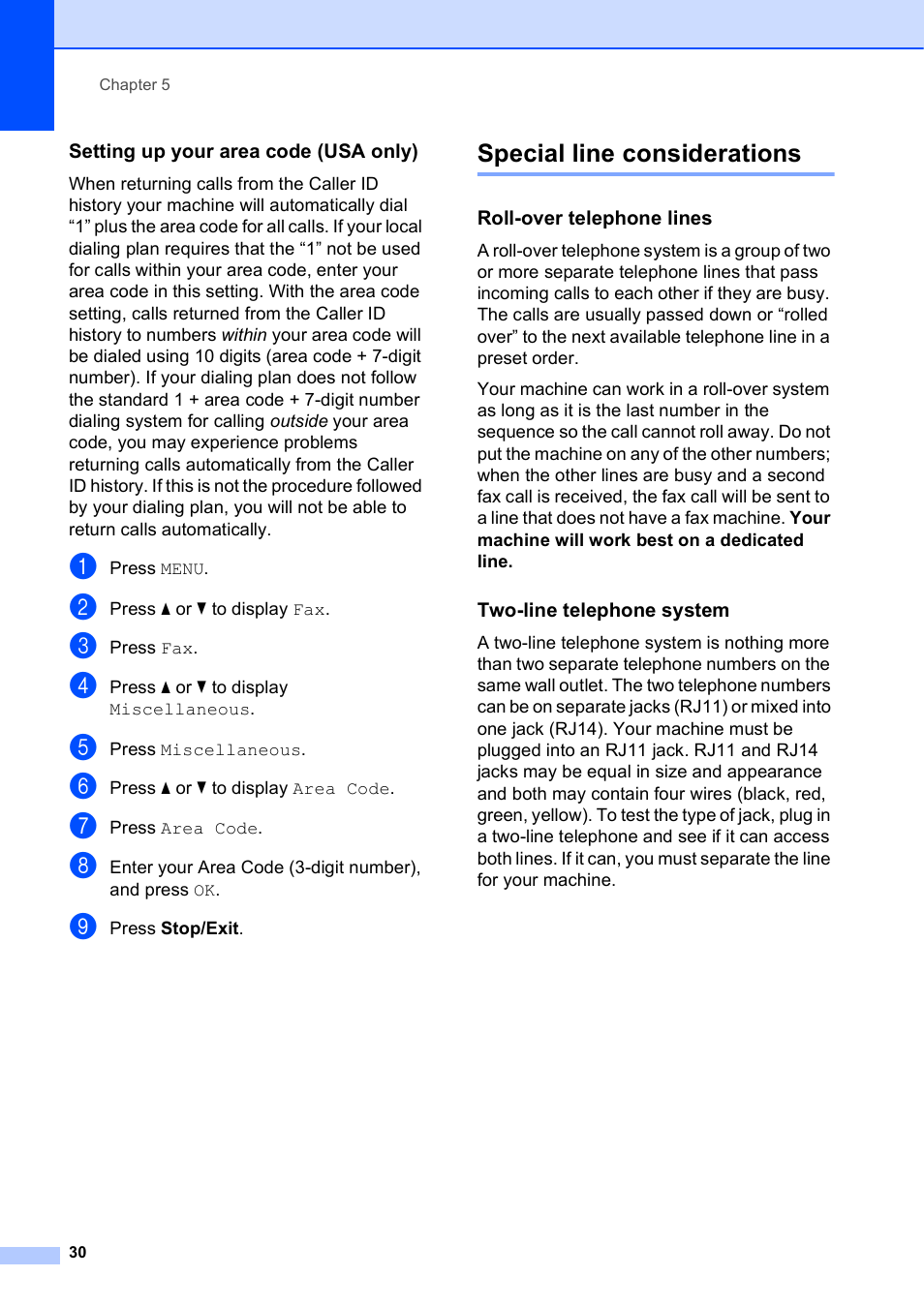 Setting up your area code (usa only), Special line considerations, Roll-over telephone lines | Two-line telephone system | Brother MFC J6910DW User Manual | Page 36 / 91