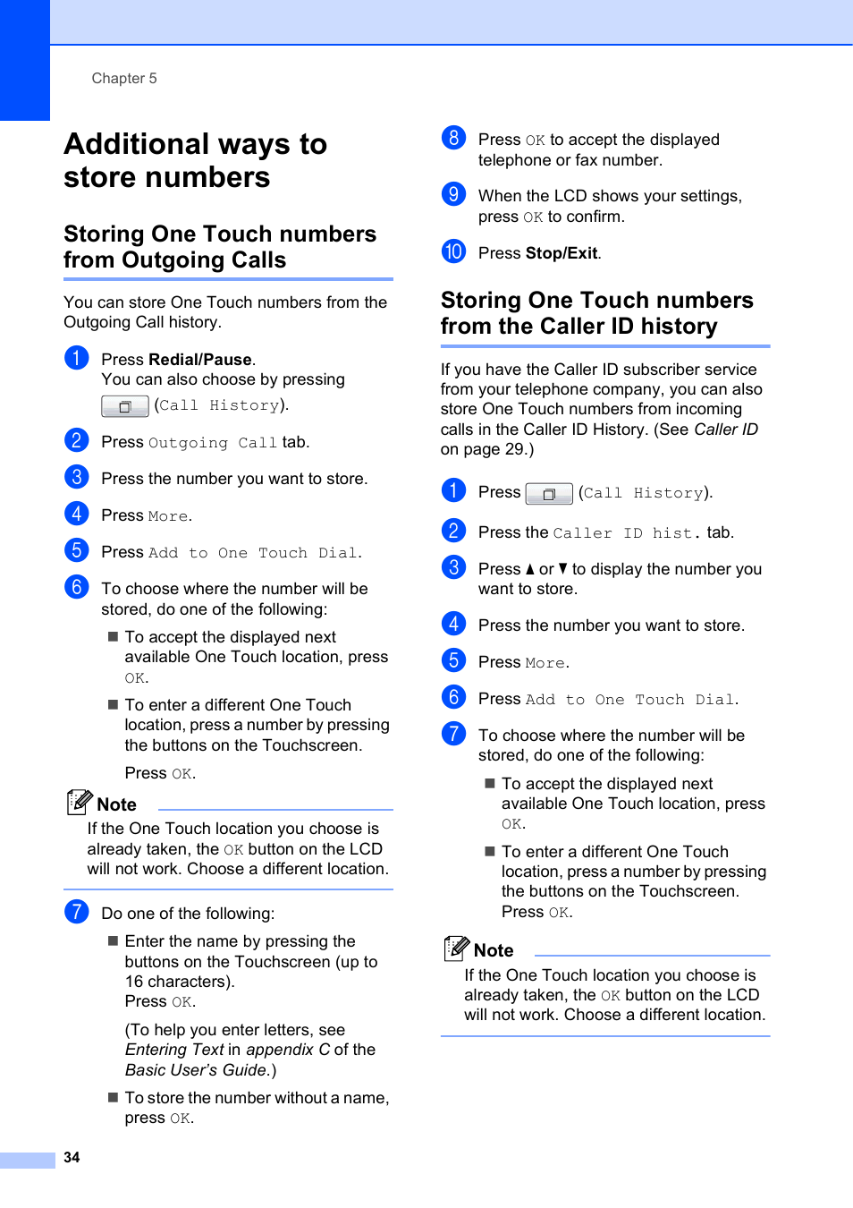 Additional ways to store numbers, Storing one touch numbers from outgoing calls | Brother MFC J6910DW User Manual | Page 40 / 91