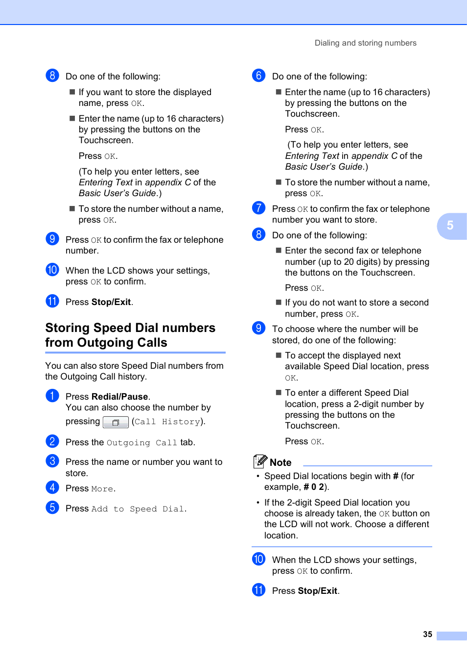 Storing speed dial numbers from outgoing calls | Brother MFC J6910DW User Manual | Page 41 / 91