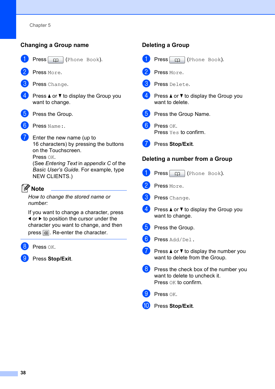 Changing a group name, Deleting a group, Deleting a number from a group | Brother MFC J6910DW User Manual | Page 44 / 91
