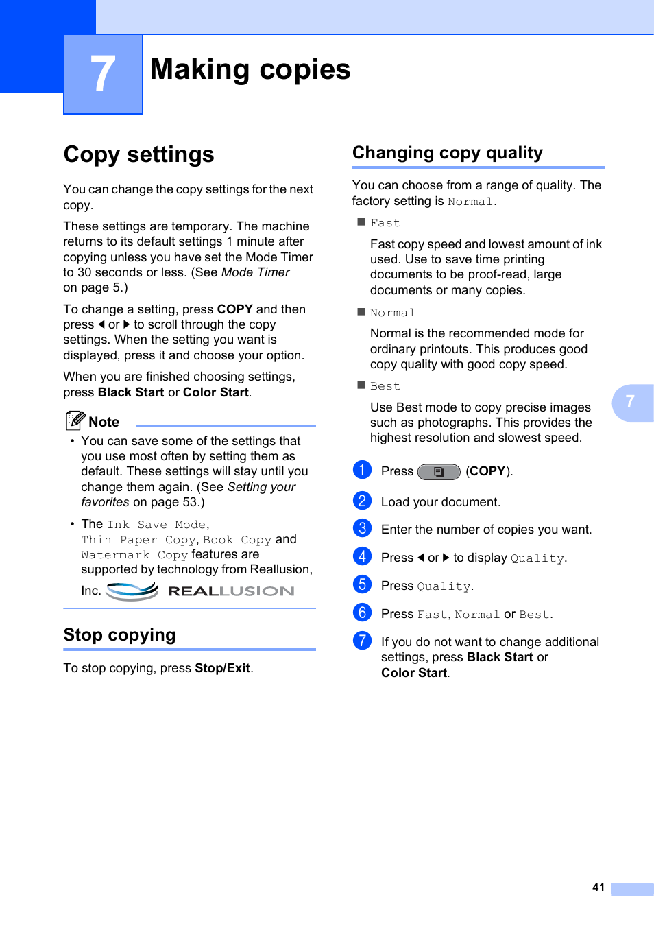 7 making copies, Copy settings, Stop copying | Changing copy quality, Making copies, Stop copying changing copy quality | Brother MFC J6910DW User Manual | Page 47 / 91