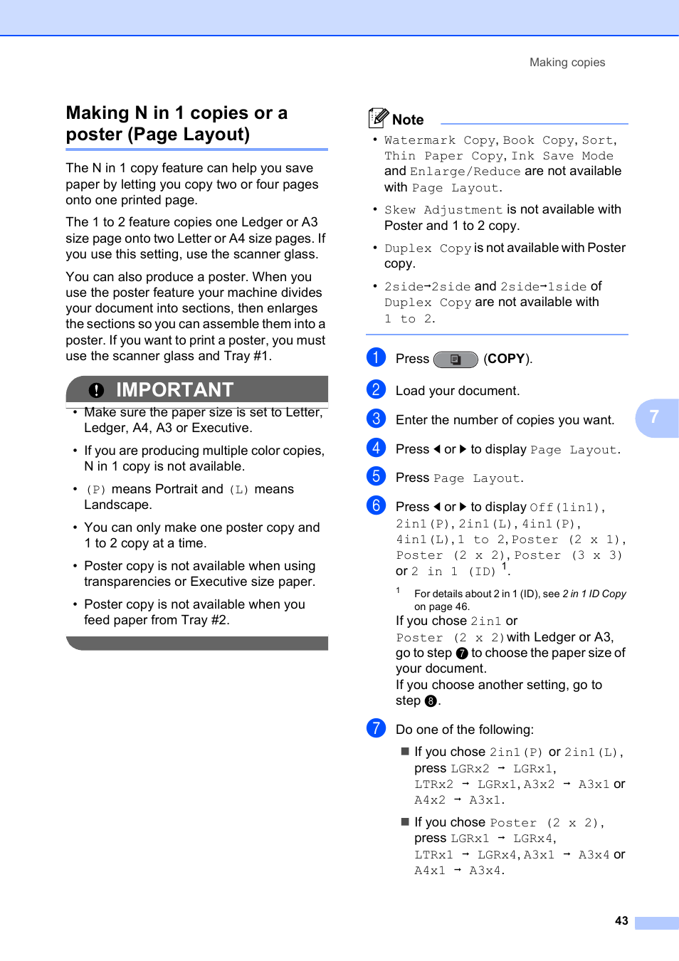 Important, 7making n in 1 copies or a poster (page layout) | Brother MFC J6910DW User Manual | Page 49 / 91