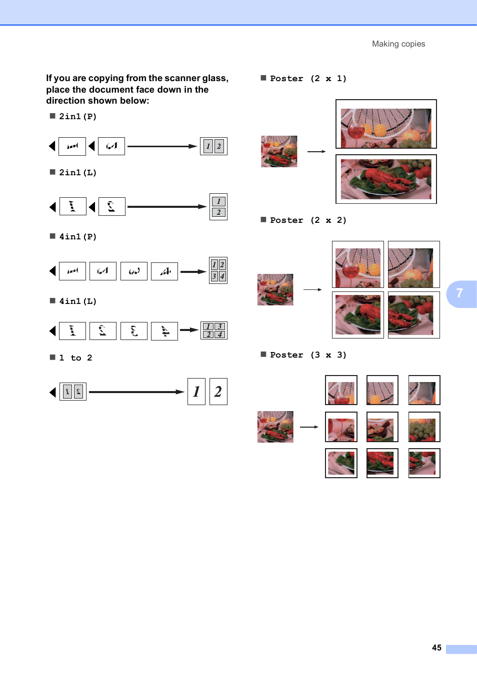 2in1(l), 4in1(p), 4in1(l) | 1 to 2, Poster (2 x 1), Poster (2 x 2), Poster (3 x 3) | Brother MFC J6910DW User Manual | Page 51 / 91