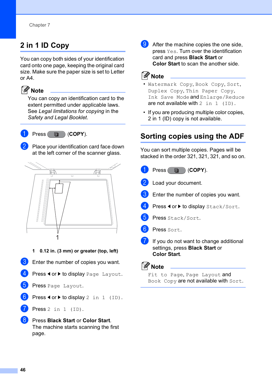 2 in 1 id copy, Sorting copies using the adf, 2 in 1 id copy sorting copies using the adf | Brother MFC J6910DW User Manual | Page 52 / 91